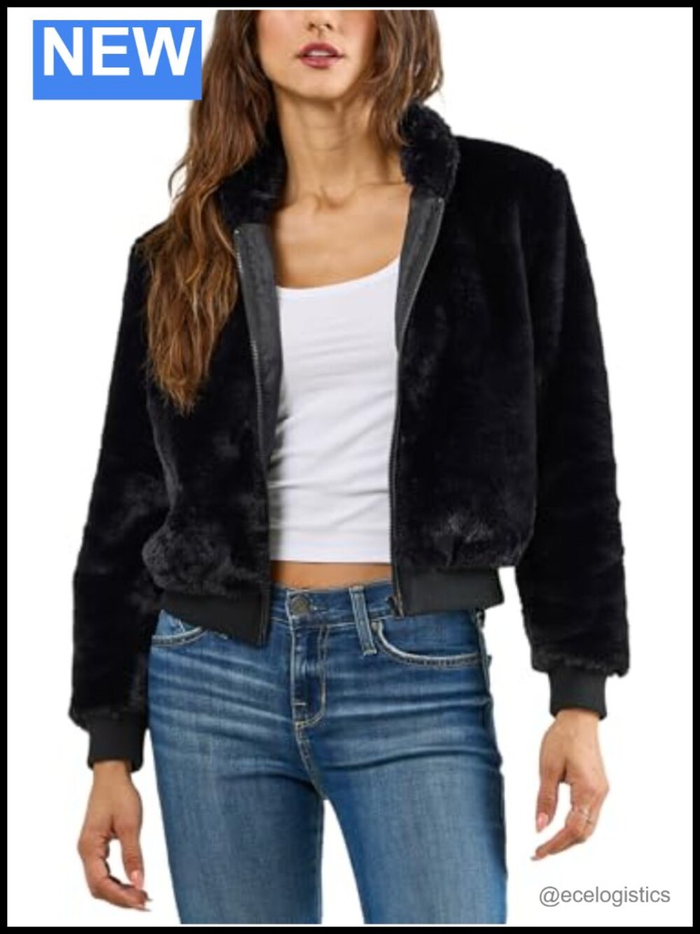 Faux Fur Bomber Jacket with Ribbed Cuffs and Front Pockets